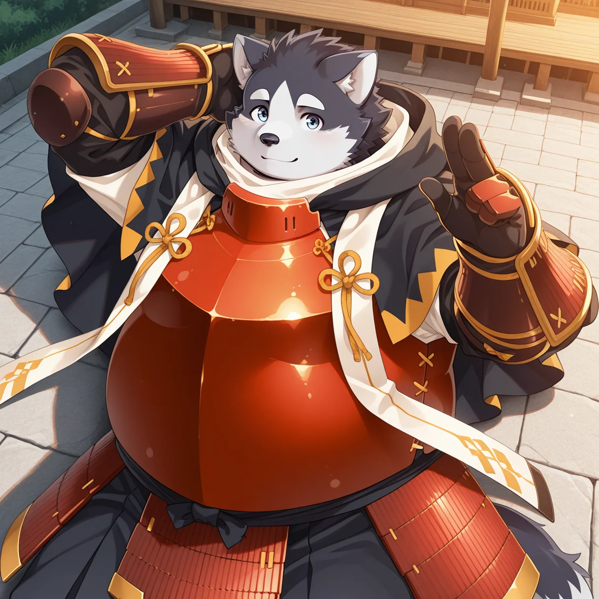 masterpiece, best quality, colorful, high quality, cinematic ambiance, very aesthetic, luminous lighting, temple, outdoors, <lora:t-harima-v2-10:0.9> t-harima, dog boy, 1boy, chubby, cropped capelet, hooded_capelet, hood_down, japanese armor, red breastplate, stole, gauntlets, kote, vambraces, looking at viewer, outdoors, light smile, lying, arm behind head, three-finger salute, lying, from above,