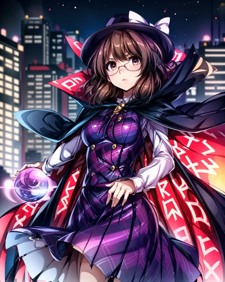 <lora:sumireko_touhou:1>, 1girl, cowboy shot, cinematic angle, beautiful detailed eyes, symmetrical, medium_breasts, sumireko_touhou, cape, black_hat, brown_eyes, flying above night cityscape, magic circles, <lora:add_detail:1>, masterpiece, best quality, <lyco:GoodHands-beta2:1.0>