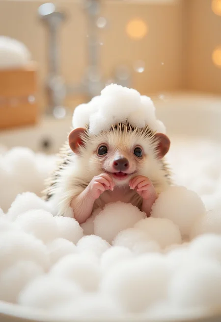 A small, adorable hedgehog in a cozy, warm bath filled with bubbles. The hedgehog is playfully splashing around, surrounded by fluffy white bubbles, some of which are stacked on top of its head. The hedgehog’s tiny paws are reaching out as if playing with the bubbles, with a joyful and curious expression on its face. The bathroom setting is soft and warm, with pastel colors and gentle lighting to emphasize the cozy and cute atmosphere