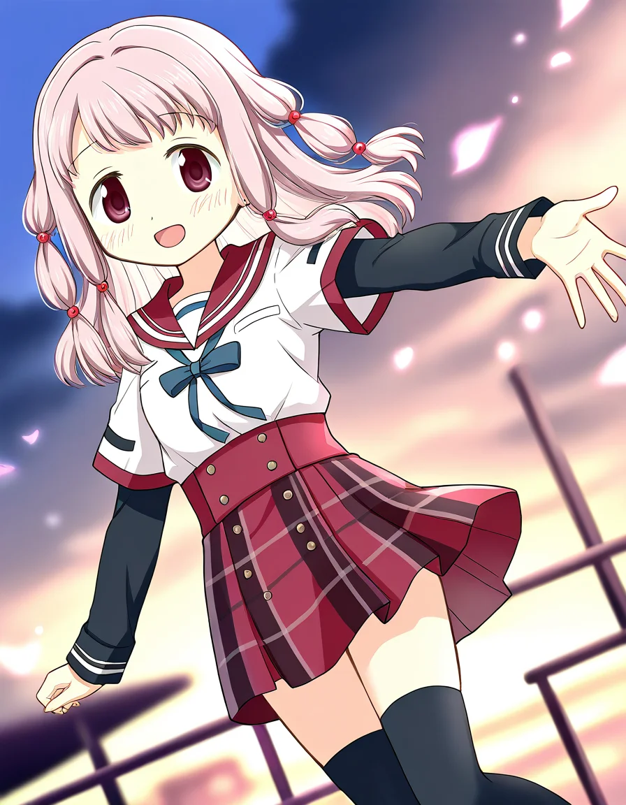 masterpiece, best quality, newest, absurdres, highres, safe, 1girl, tamaki ui \(school uniform\), magia record: mahou shoujo madoka magica gaiden, black sleeves, black thighhighs, outdoors, dutch angle, <lora:tamaki_ui_noobaiXLNAIXL_vPred10Version:0.7>
