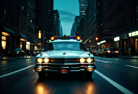 a studio photo of ecto_1, vehicle focus, racing through New York City streets at night, vehicle focus, licence plate, front view, dark, chiaroscuro, low-key, beautiful, science fiction, best quality high resolution, beautiful, highest quality, masterpiece, highly detailed, volumetric light, global illumination, studio photo, highly detailed, sharp focus, epiCPhoto,