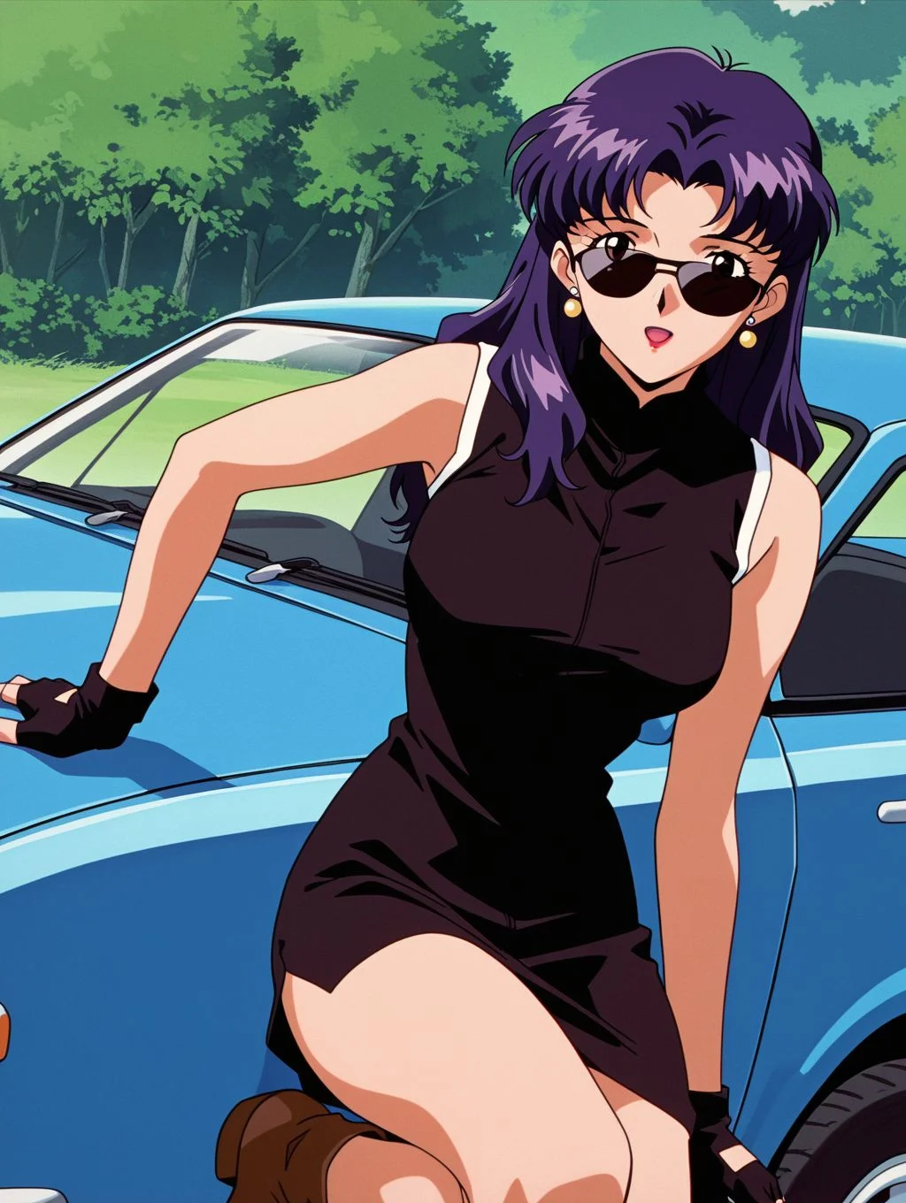 masterpiece, best quality, newest, absurdres, highres, detailed eyes, beautiful, detailed background, perfect eyes, anime coloring, anime screencap, 1990s \(style\), 1girl, solo, mature female, katsuragi misato, purple hair, long hair, brown eyes, medium breasts, earrings, red lips, sunglasses, black dress, turtleneck, sleeveless, bare shoulders, fingerless glove, ankle boots, looking at viewer, open mouth, (outdoors, blue car), cowboy shot, <lora:misato_ceva_illus-06:0.8>