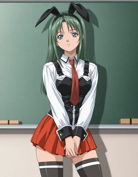 1girl, solo, itou mika, green hair, long hair, hairband, rabbit ear hairband, blue eyes, BB_Uniform, school uniform, black vest, suspenders, white shirt, sleeve cuffs, red necktie, pleated skirt, red skirt, black thighhighs, standing, contrapposto, v arms, hands together, classroom, chalkboard, light theme, (anime coloring:1.2) <lora:itou_mika_ilxl_v1:0.7>