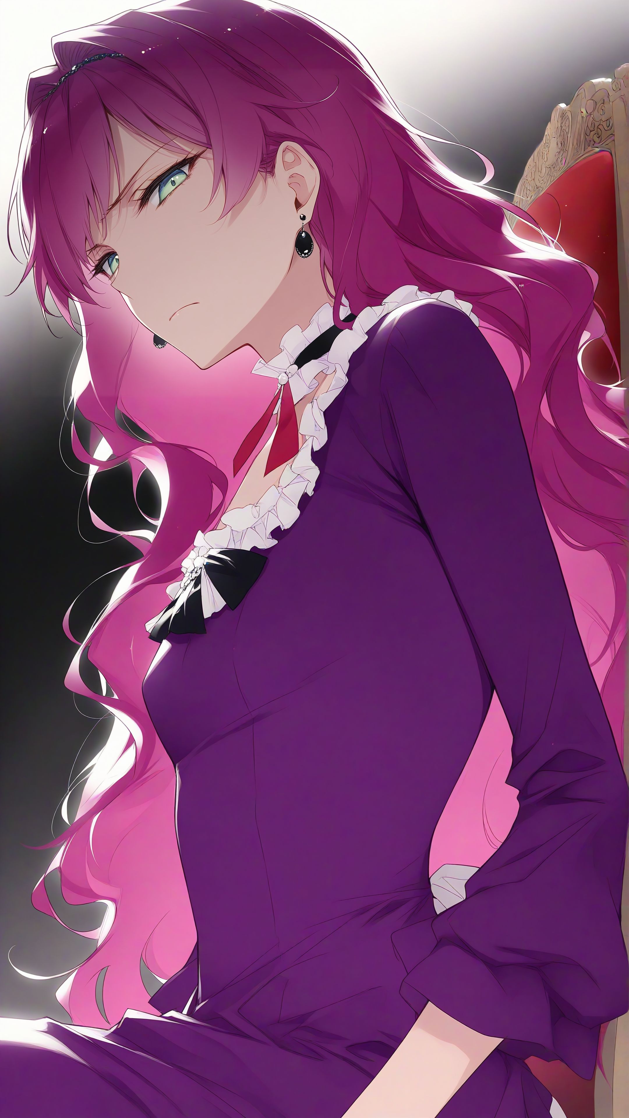 masterpiece, best quality, amazing quality, Smooth Quality, penelope eckhart, penelope eckhart, mature female, small breasts, pink hair, green eyes, bangs, wavy hair, long hair, sitting, chair, simple background, gradient background, looking down, looking annoyed, contemptuous look, frilled dress, purple dress, ribbon, frilled collar, collar, earrings, from side, upper body, from below, looking at viewer, <lora:penelope_eckhart-illustrious-v-1:0.8>