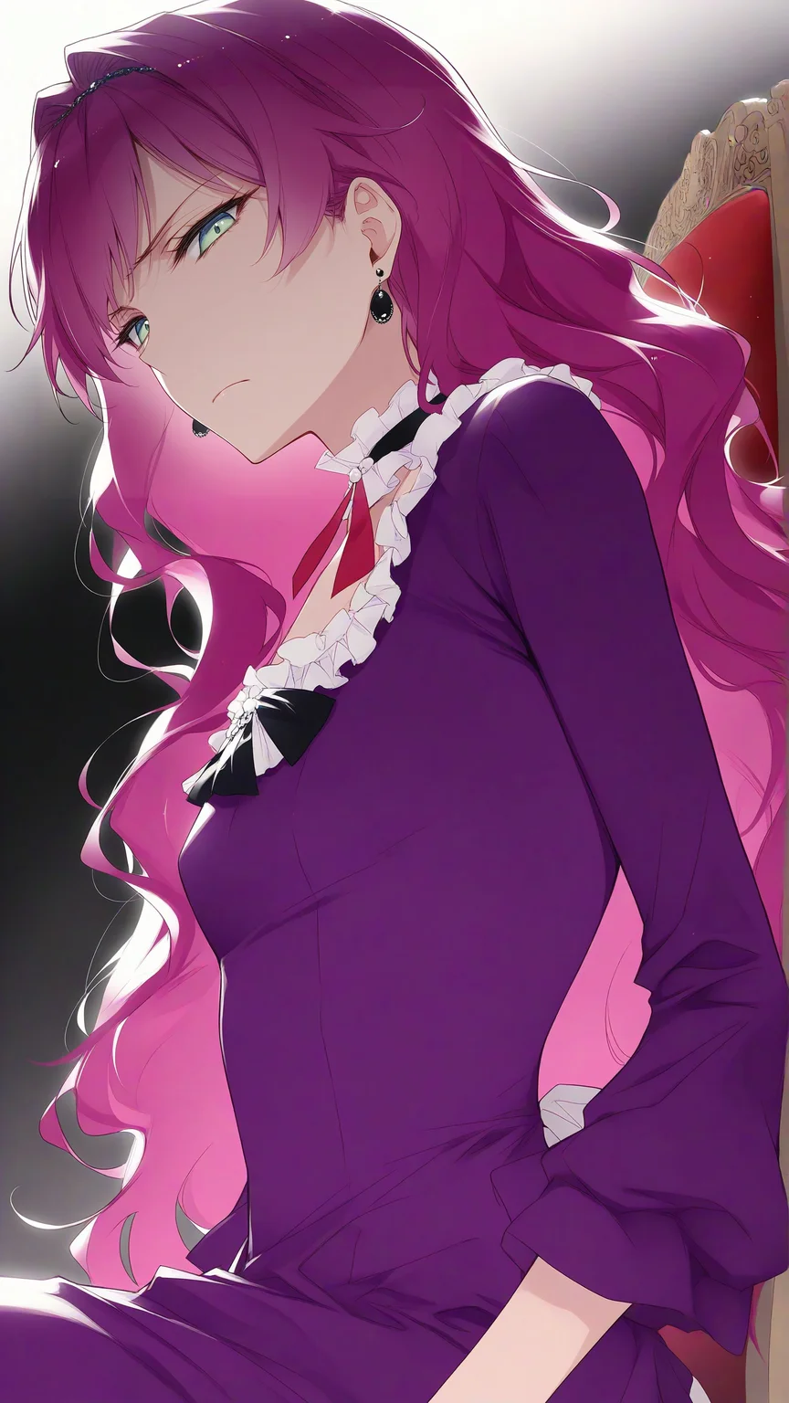masterpiece, best quality, amazing quality, Smooth Quality, penelope eckhart, penelope eckhart, mature female, small breasts, pink hair, green eyes, bangs, wavy hair, long hair, sitting, chair, simple background, gradient background, looking down, looking annoyed, contemptuous look, frilled dress, purple dress, ribbon, frilled collar, collar, earrings, from side, upper body, from below, looking at viewer, <lora:penelope_eckhart-illustrious-v-1:0.8>