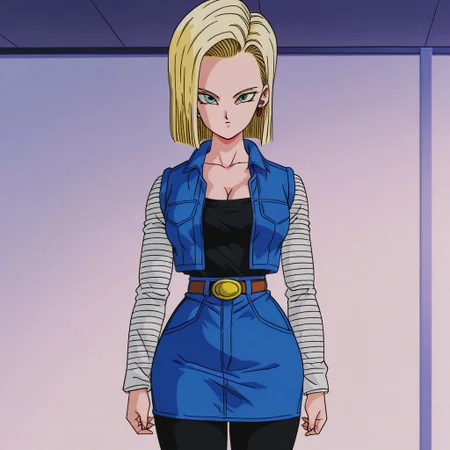 dbstyle, screencap, best quality, android_18, blonde hair, 1girl, solo, blue eyes, , blonde hair, shirt, blue eyes, belt, black leggings, cleavage, collarbone, denim, denim skirt, high-waist skirt, jewelry, long sleeves, pocket, shirt, shirt tucked in, skirt, striped, striped sleeves, blue denim waistcoat, thick thighs, wide hips,
standing, looking at viewer,