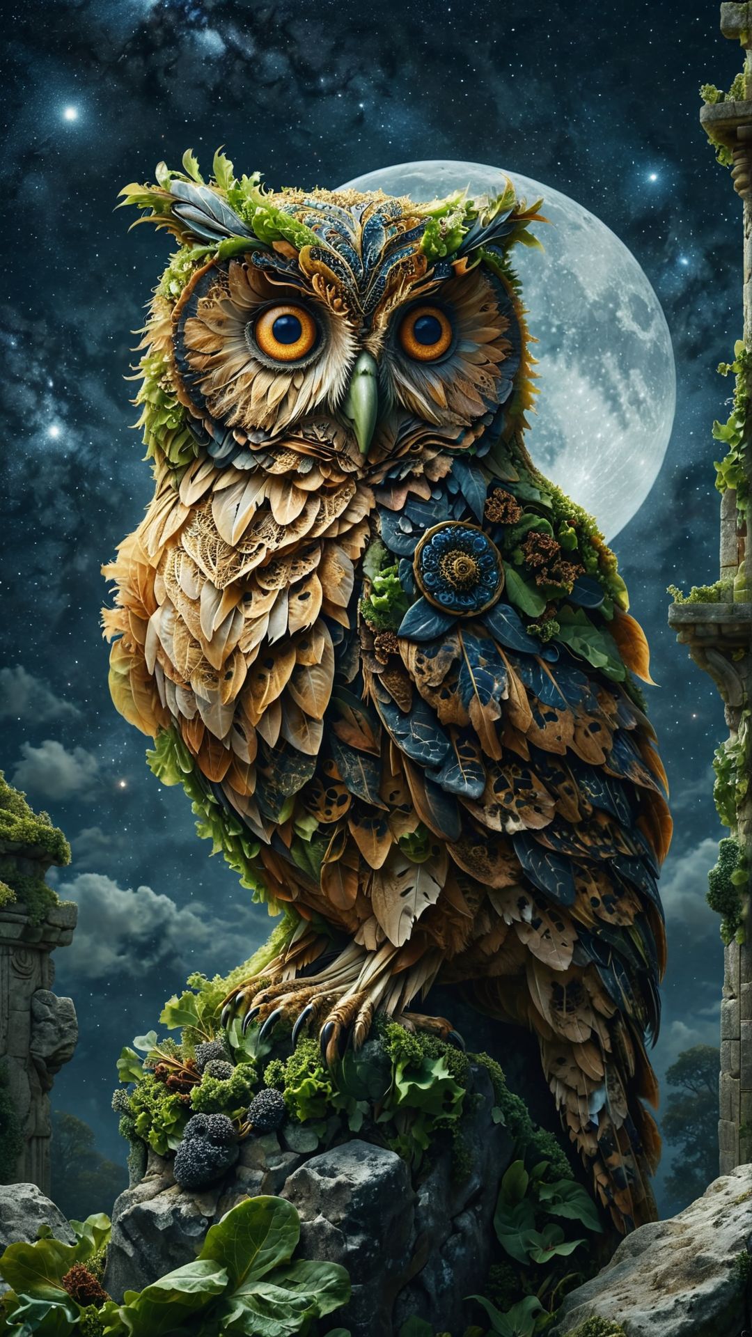 hyper realistic, a giant owl with celestial patterns on its feathers, perched on an ancient stone monument under a starry night sky, mystical and serene atmosphere, soft moonlight 
 <lora:ral-sld:1> ral-sld
<lora:add-detail-xl:1>
<lora:MJ52:0.35>,
<lora:SDXLFaeTastic2400:0.325>,
(settings by AIDigitalmediaaggency:0.0001),
OverallDetailXL