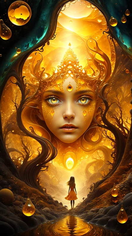fracolor In the depths of the amber, a dark and mysterious world unfolds, where a surreal girl with eyes of liquid gold wanders, lost in the amber's enigmatic dreamscape <lora:fracolor:1>
