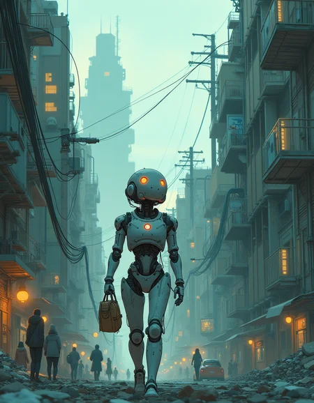 A robot companion, with a sleek, humanoid design and a soft, glowing face, walks through the dystopian streets of a futuristic city. The robot carries a small bag, looking up at the towering, oppressive buildings and the chaotic streets filled with both humans and machines. The robotâs expression is one of quiet contemplation, as it navigates the harsh world around it. The style is melancholic and reflective, with a focus on the robotâs human-like qualities and the bleak, futuristic setting. <lora:Blue_Future_flux:1>
