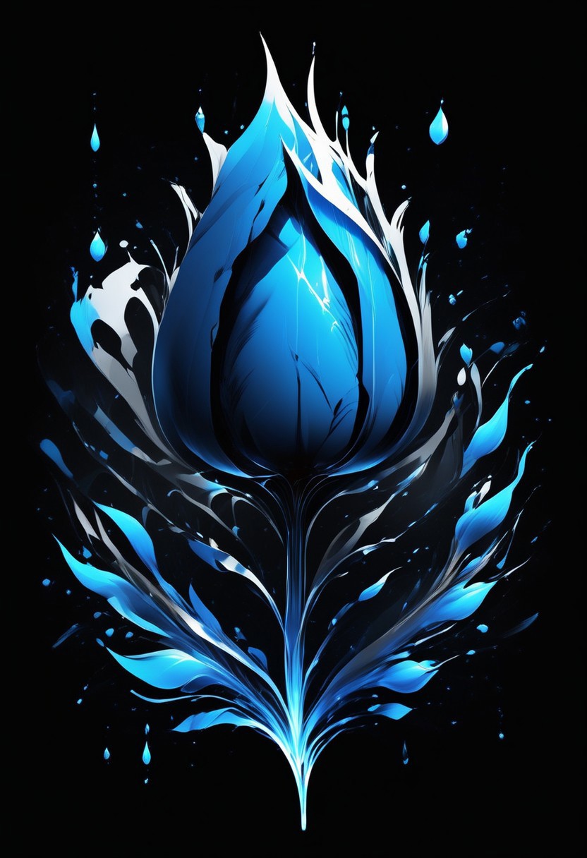 abstractzyrnox, abstract, abstract art, illustration, anime, blue and silver, black and silver, ((blue tulip), simple background, dark background), melting, detailed, Drestoria Style