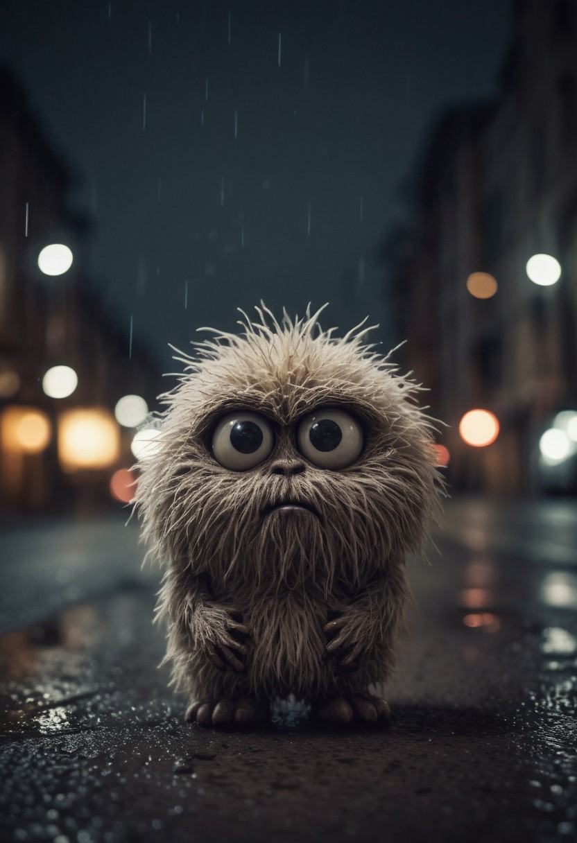 Small furry monster, fur ball, fluffy, shot at night, cute monster, expressive eyes, sad and curious appearance, heartbreaking, very cute, heavy rain, very sad, lonely, lost place, desaturated, dramatic lighting, desaturated background, bokeh, dark theme, soothing tones, depth of field, dramatic backlighting, film grain,