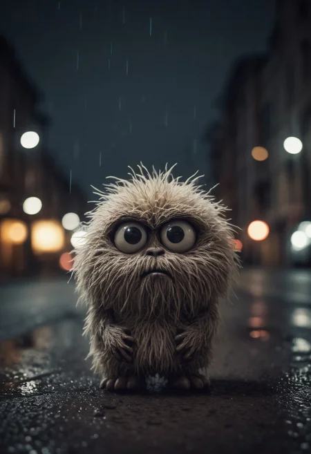 Small furry monster, fur ball, fluffy, shot at night, cute monster, expressive eyes, sad and curious appearance, heartbreaking, very cute, heavy rain, very sad, lonely, lost place, desaturated, dramatic lighting, desaturated background, bokeh, dark theme, soothing tones, depth of field, dramatic backlighting, film grain,