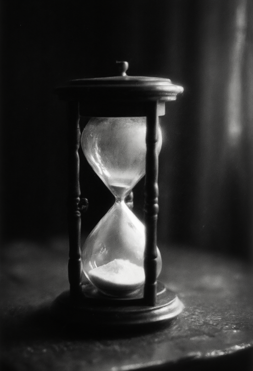 a grainy, film grain, (black and white photo:1.1), (old photo:1.1), blurry, distorted, photographic, dark, dark, sinister, victorian (hourglass:1.2), eerie,