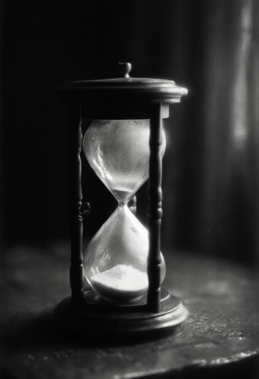 a grainy, film grain, (black and white photo:1.1), (old photo:1.1), blurry, distorted, photographic, dark, dark, sinister, victorian (hourglass:1.2), eerie,