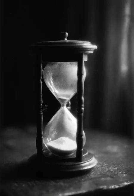 a grainy, film grain, (black and white photo:1.1), (old photo:1.1), blurry, distorted, photographic, dark, dark, sinister, victorian (hourglass:1.2), eerie,