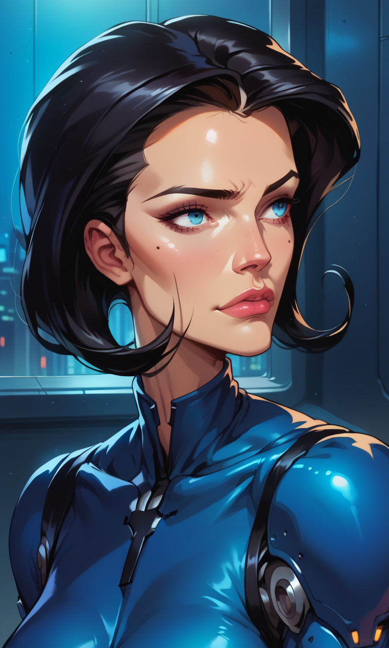 score_9, score_8_up, score_7_up, score_6_up, score_5_up, score_4_up, closeup on face , portait of face, (side view:0.5),dark blue outfit, aeon flux, black hair, blue eyes, upper body,  interior, futuristic city,shiny comic<lora:Pony\Aeon_Flux-000007.safetensors:1.0:1.0>