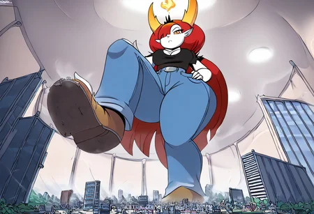 score_9, 1girl, solo,hekapoo, white skin, red hair, very long hair, hair over one eye, horns, tiara, small fire, pointy ears, black shirt, short sleeves, cleavage, jeans, belt, boots, full body, (high quality, high res, 4k, best anatomy:1.8), giantess, standing, facing viewer, under foot pov, hyper hips, leg up, foot focus, from below, city underneath, indoors background.