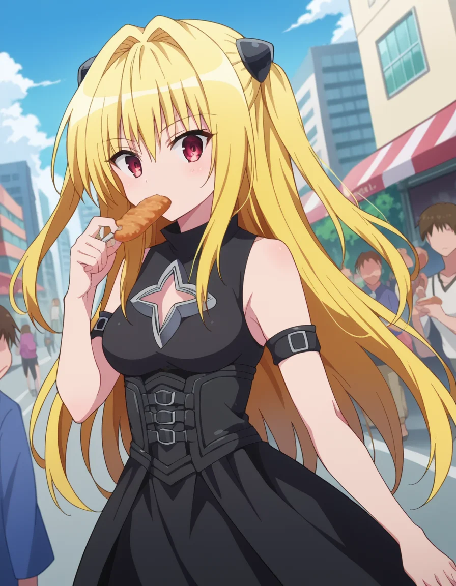 score_9, score_8_up, score_7_up, source_anime,
toloveruyami, <lora:golden-darkness-ponyxl-lora-nochekaiser:1>,
yami, yellow hair, long hair, red eyes, hair ornament, two side up,
sleeveless, detached sleeves, dress, black dress, black skirt, clothing cutout, cleavage cutout,
outdoors, cityscape, street, crowd, people, food, taiyaki, eating,
looking at viewer, cowboy shot, dutch angle, dynamic pose,
