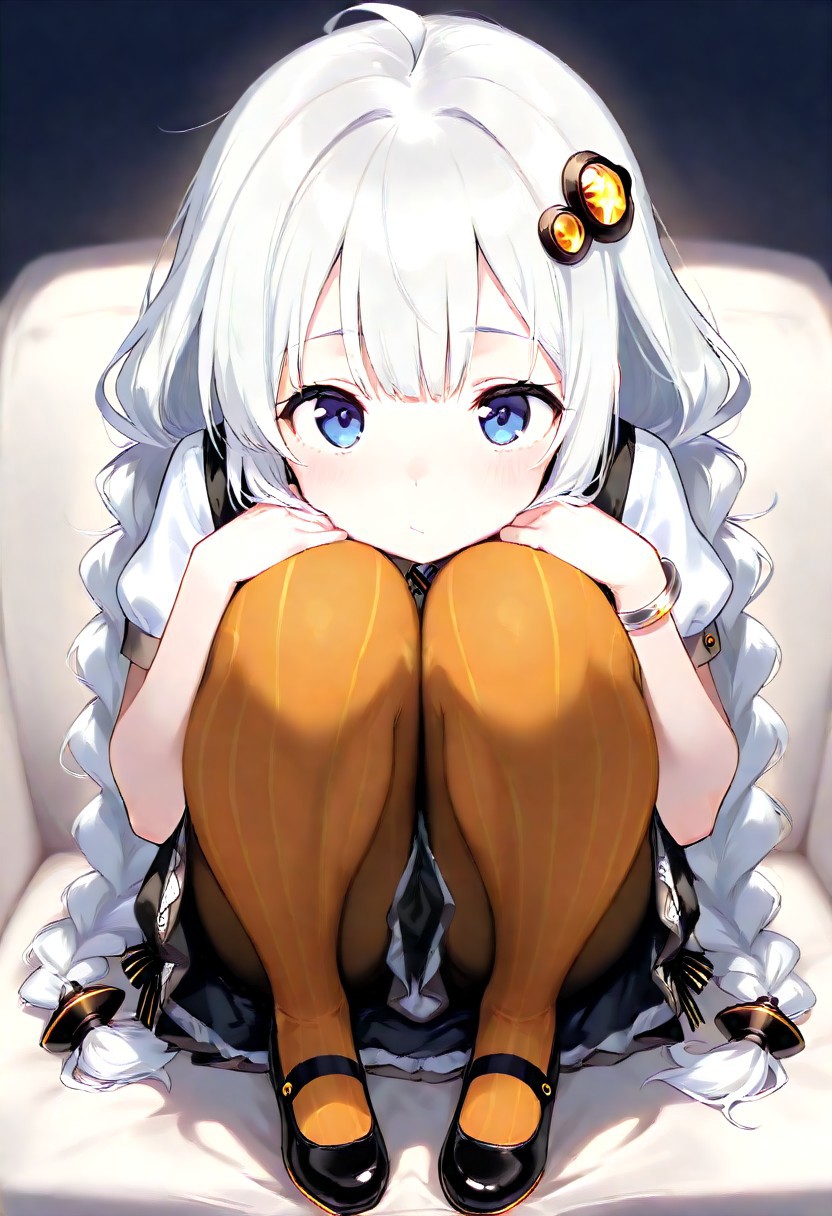 ((((((masterpiece)))))), ((((((best quality)))))), ((((((very aesthetic)))))), ((((((absurdres)))))),  masterpiece, best quality, absurdres, facing viewer, hair ornament, black dress, short sleeves, striped legwear, pantyhose, full body, modern college girl, solo, 18 years old, cute, college, dramatic lighting, pretty girl, (young), very kawaii, kawaii,  face focus, close up,
1girl, Kizuna Akari, white hair, blue eyes, braid,