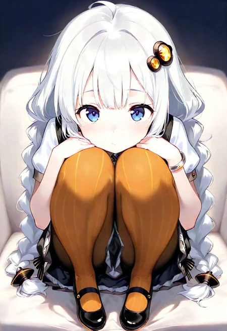 ((((((masterpiece)))))), ((((((best quality)))))), ((((((very aesthetic)))))), ((((((absurdres)))))), masterpiece, best quality, absurdres, facing viewer, hair ornament, black dress, short sleeves, striped legwear, pantyhose, full body, modern college girl, solo, 18 years old, cute, college, dramatic lighting, pretty girl, (young), very kawaii, kawaii, face focus, close up,
1girl, Kizuna Akari, white hair, blue eyes, braid,