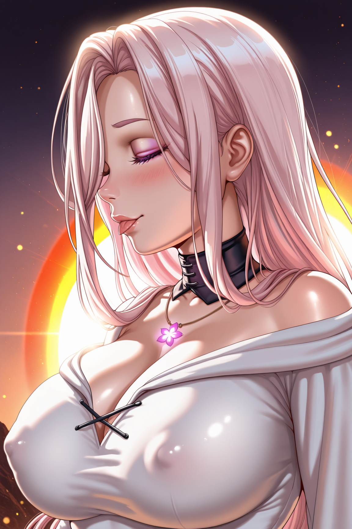 talia, very_long_hair, pink_hair, hair_over_one_eye, purple_eyes, blush, detached_collar, large_breasts, bandages, cleavage, white_dress, off_shoulder, long_sleeves, side_slit