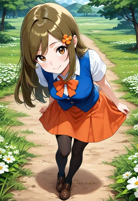 2d, masterpiece, best quality, amazing quality, 1girl, solo, close-up, standing, smile, full body, looking at viewer, day, meadow, ,lassdppt, (hair ornament:0.5), brown eyes, long hair, sidelocks, bangs, brown hair, blue vest, white shirt, short sleeves, collared shirt, orange bowtie, orange skirt, black pantyhose, loafers, brown footwear