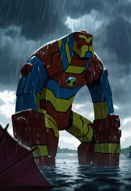masterpiece, best quality, amazing quality, very aesthetic, absurdres, newest,, detailed background, 
 movie scene, cinematic scene, cinematic, foreground blur, depth of field, 
bloxx, robot, mecha, solo, armor, green eyes,, massive arms, upper body, , big head, massive head, short legs, 
rainy day, under rain, standing, holding umbrella, grey sky, cloudy sky, from bottom, looking up, water on lens, water on camera, water droplet, heavy rain, sad scene,