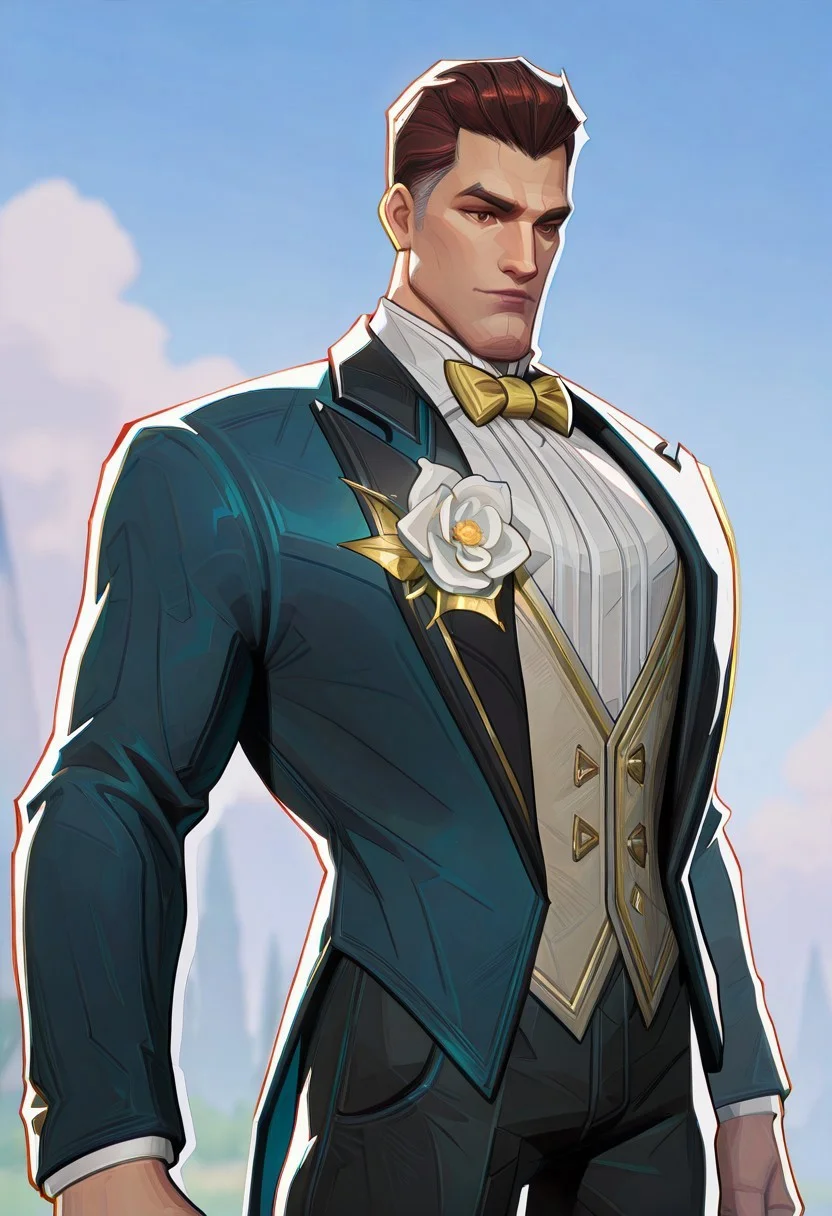 masterpiece, best quality, newest, absurdres, highres, MarvelRivals, semi realistic, cartoon, 1boy, ReedRichards-Lifefantasticskin-V1.0, suit, formal clothes, bowtie, brown hair, brown eyes, flower, shrt hair, pants, yellow bowtie,