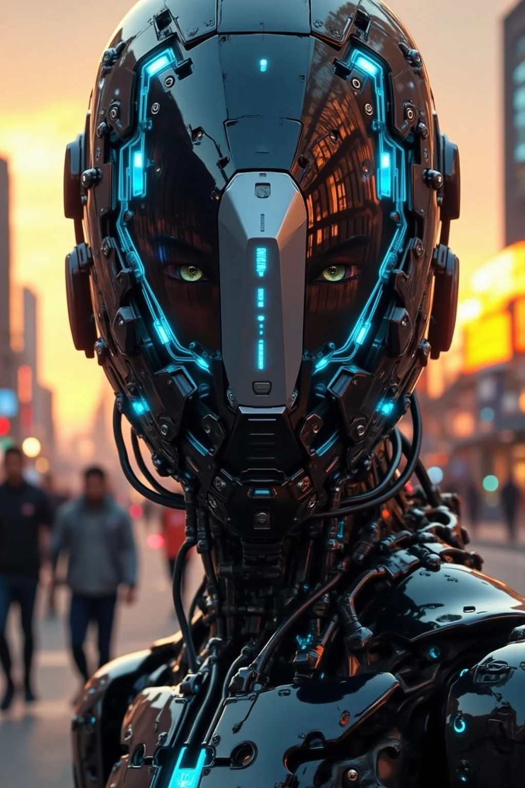yfg-F@ce, A close-up shot of an advanced humanoid robot wearing a sleek black helmet adorned with glowing blue circuits and a silver visor, standing in front of a futuristic cityscape at sunset with a group of humans in augmented reality contact lenses walking by in the background, one of them gazing directly into the camera with a mixture of curiosity and suspicion on their face.