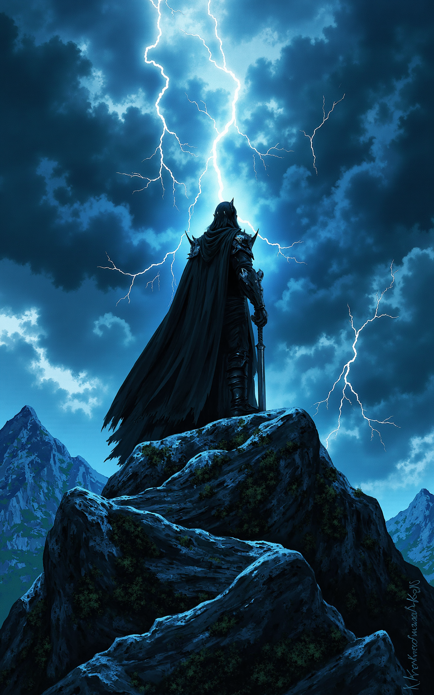 A legendary swordsman stands tall on a high mountain peak,his blade reflecting the stormy sky. The background is a masterpiece of swirling storm clouds and blinding lightning bolts. His long cloak flows in the wind,his face stern and determined. The painting is rendered in a highly detailed,fantasy illustration style,reminiscent of classic fantasy book covers,with vibrant yet ominous tones.,<lora:klordoftherings-01:0.8>,klordoftherings,