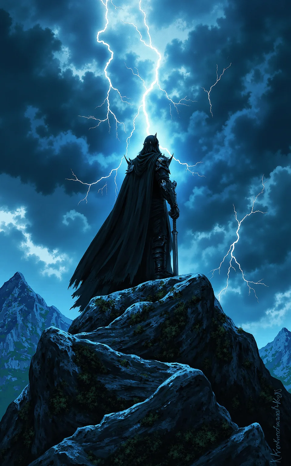 A legendary swordsman stands tall on a high mountain peak,his blade reflecting the stormy sky. The background is a masterpiece of swirling storm clouds and blinding lightning bolts. His long cloak flows in the wind,his face stern and determined. The painting is rendered in a highly detailed,fantasy illustration style,reminiscent of classic fantasy book covers,with vibrant yet ominous tones.,<lora:klordoftherings-01:0.8>,klordoftherings,