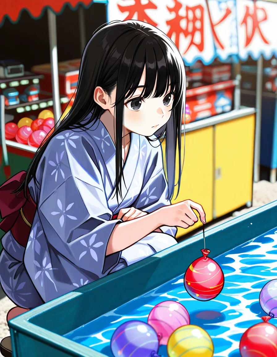 score_7_up, anime BREAK official art, solo, 1girl,
Black hair, (chest length hair:1.2), Straight Hair, bangs, one tucked behind ear, black eyes, feature large highlight, feature double highlights, shaped eyeblow,
<lora:natsumatsuri:0.9>, natsumatsuri,
yukata, blurry, obi, sash, holding, game stall, water yoyo, water balloon fishing, squatting, food stand,
photo background,
(masterpiece:1.3), best quality, high resolution, unity 8k wallpaper, extremely detailed CG, 8K, (watercolor \(medium\), muted color, sketch:1.1), perfect anatomy, highly finished, masterpiece, best quality, high quality, amazing quality, great quality, very aesthetic, ultra detailed, highres, absurdres, highly detailed, highly detailed background,