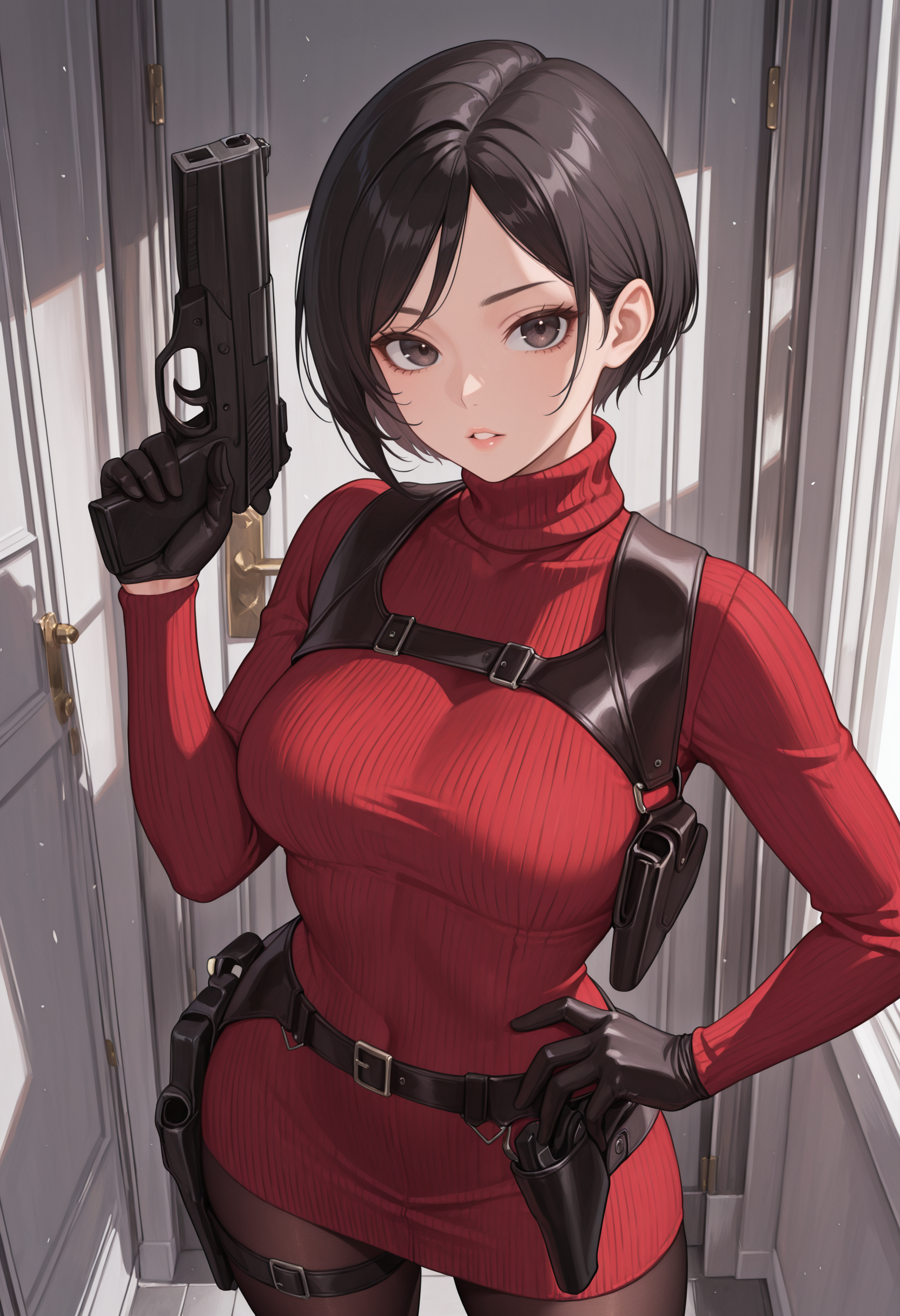 masterpiece, best quality, absurdres, highres, newest, 1girl, solo, <lora:adawong-re-richy-v1_ixl:1> adasweater, black hair, short hair, black eyes, red sweater, turtleneck, harness, pantyhose, black gloves, belt, standing, looking at viewer, parted lips, indoors, handgun, holding gun, hand up, trigger discipline, hand on hip