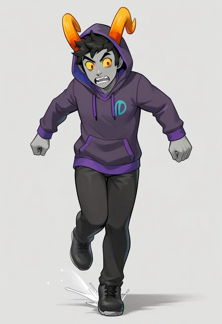 grey skin, 1boy, male focus, yellow sclera, black hair, horns, yellow sclera, solo, hood, hoodie, full body, pants, simple background, jacket, troll, nubhorns, purple shirt, scared, running,
BREAK,
three-quarter view,
BREAK,