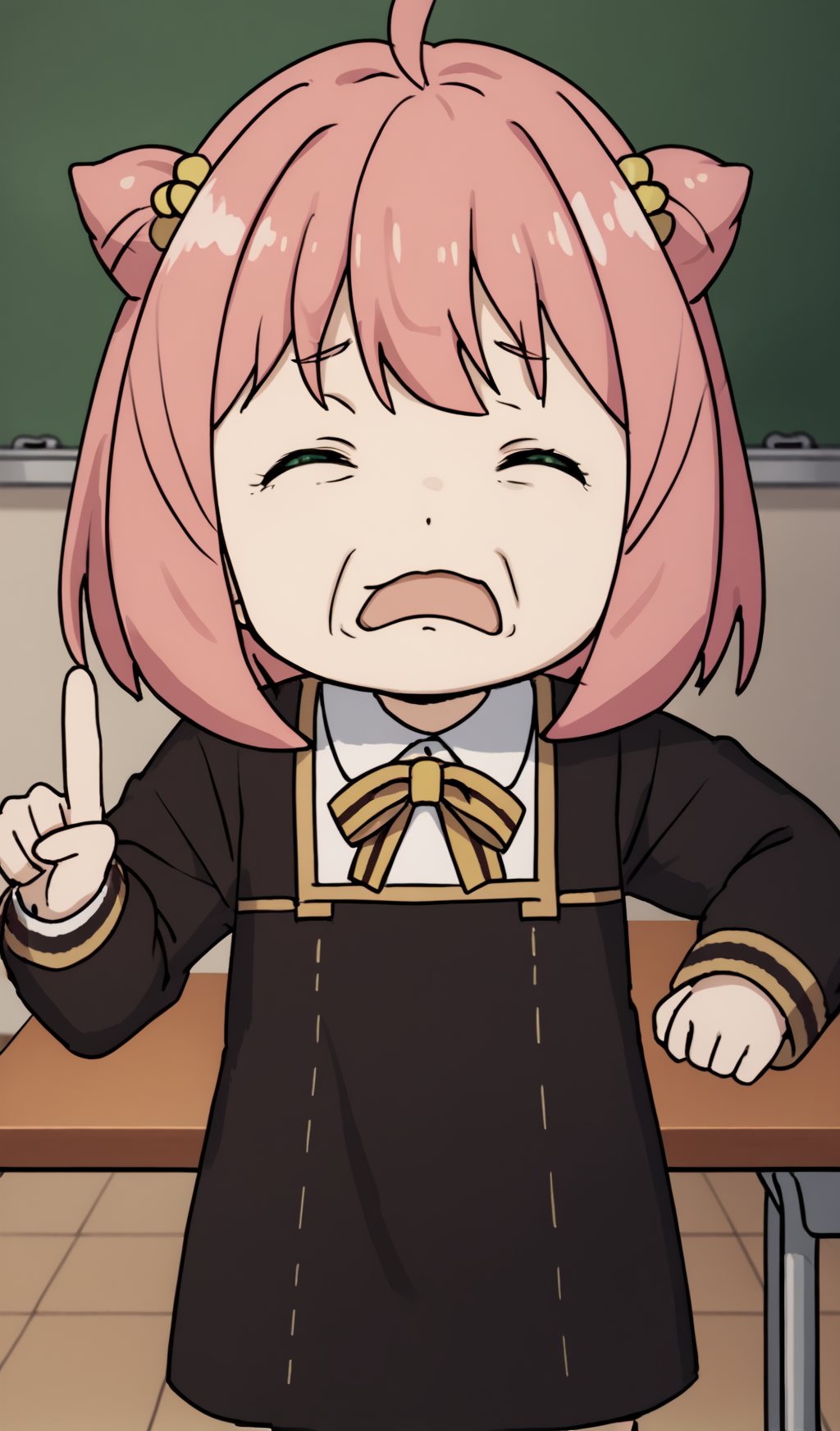 score_9,score_8_up,score_7_up,score_6_up,score_5_up,score_4_up,source_anime,
<lora:anya-forger-ponyxl-lora-nochekaiser>,anya forger,anya forger,
bangs,green eyes,pink hair,ahoge,hair ornament,hairpods,child,female child,smile,long sleeves,dress,school uniform,socks,black dress,eden academy school uniform,indoors,classroom,bent over,open mouth,looking at viewer,cowboy shot,<lora:piglet_face_pony_v1:1>,piglet_face,(closed eyes:1.2),open mouth,one index finger raised,frown,sad,