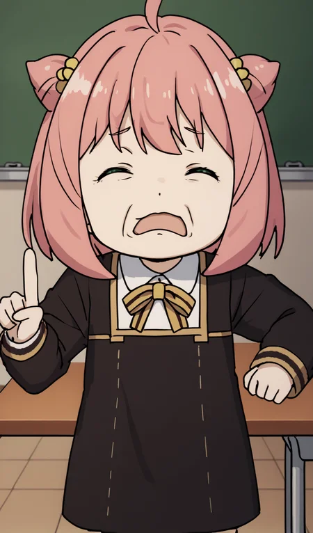 score_9,score_8_up,score_7_up,score_6_up,score_5_up,score_4_up,source_anime,
<lora:anya-forger-ponyxl-lora-nochekaiser>,anya forger,anya forger,
bangs,green eyes,pink hair,ahoge,hair ornament,hairpods,child,female child,smile,long sleeves,dress,school uniform,socks,black dress,eden academy school uniform,indoors,classroom,bent over,open mouth,looking at viewer,cowboy shot,<lora:piglet_face_pony_v1:1>,piglet_face,(closed eyes:1.2),open mouth,one index finger raised,frown,sad,