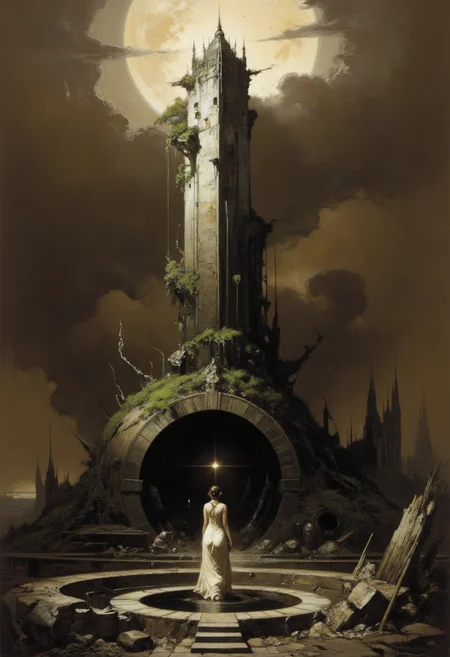 This is a high-quality, classic baroque fantasy painting with a very high aesthetic quality, depicting a surreal and haunting scene. The image features a large, monolithic, ancient-looking stone structure with a circular opening at its base. The stone has a rugged, textured surface with various shades of gray, brown, and hints of green moss. Emerging from the circular opening is a solitary female figure, dressed in a flowing ivory garment, standing on a narrow ledge and looking down into the distance. The figure appears very small compared to the imposing structure, emphasizing its isolation and the gargantuan scale of the environment. The background is a dense, cloudy sky, filled with dark, ominous clouds that add to the eerie atmosphere. The lighting is dim and diffused, casting a muted, almost sepia-toned glow over the scene, which enhances the sense of melancholy and mystery. The camera angle is slightly up, looking down at the structure, which accentuates its towering presence and the sense of looking into an abyss. The overall mood of the image is one of desolation and introspection, with the vastness of the stone structure and the loneliness of the figure evoking a powerful emotional response.