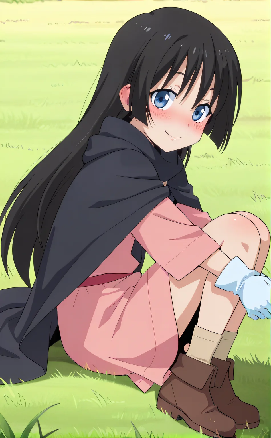 masterpiece, best quality, highres, newest, 1girl, solo, official style, anime screencap, <lora:IL_Chloe_Aubert:1>, chloeaubert, long black hair, blue eyes, black cape, pink dress, red belt, white gloves, socks, brown shoes, looking at viewer, outdoor, full body, blush, sitting on grass, from side, side view, smile