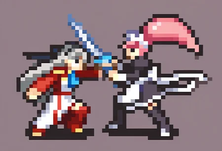 masterpiece, best quality, 2girls, fighting, holding sword, sword clash, <lora:FEGBA-Sprites-illus_Fp:1>, simple background, pixel art, full body, elie macdowell, black hairband, hair ribbon, long hair, blue ascot, uniform, long red sleeves, white dress, BREAK felicia \(fire emblem\), pink hair, ponytail, maid