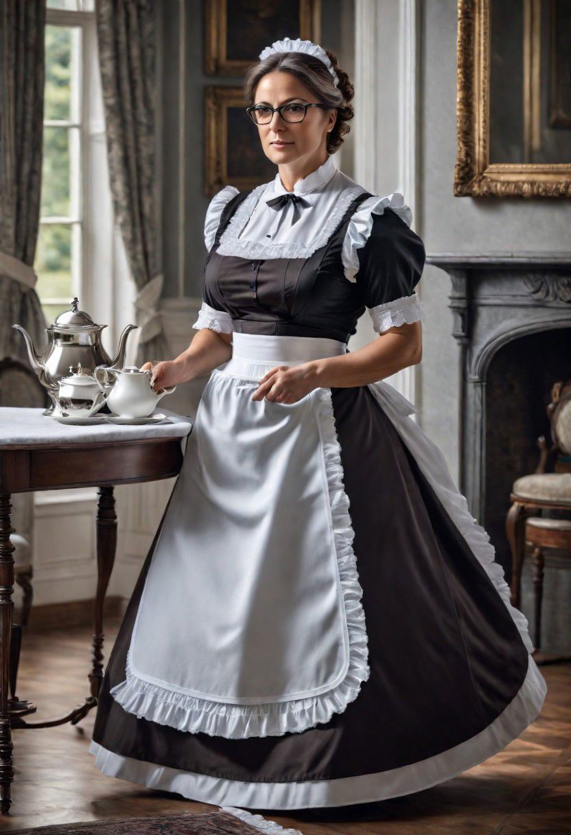 full body shot of a beautiful 45 year old woman, medium length brown hair streaked with gray, gray eyes, glasses, square face, rounded cheeks, hourglass figure, slightly overweight, victorian maid, standing in a victorian parlor, serving tea