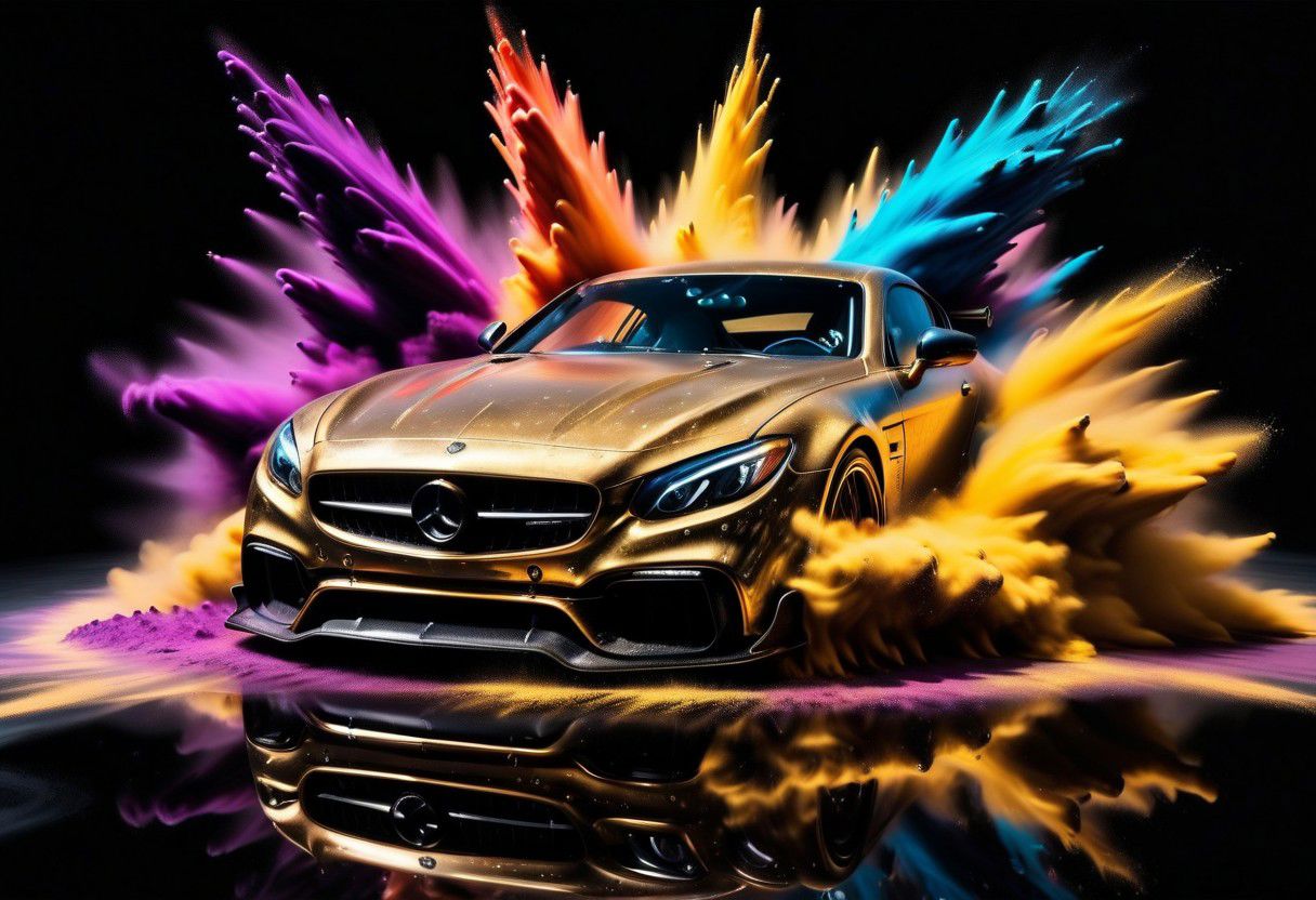 GOLD LIQUID METAL sports car, race car, racing through SILVER LIQUID METAL, liquid metal sprays up from the cars tyres, Car drifting in a black void, huge Colorful Powder Explosion above the car