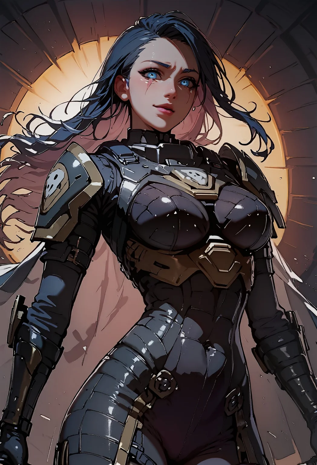 score_9, score_8_up, score_7_up, 1 girl, solo, curvy, (eye-scar), long hair, (black hair:1.2), blue eyes, freackles, pink lips, armor, helldivers, female helldiver, black armor, yellow accents, gloves, cape, weapon in hand, fusil, side view <lora:Concept Art Twilight Style SDXL_LoRA_Pony Diffusion V6 XL:0.8> concept art, realistic <lora:Expressive_H-000001> expressiveh <lora:princess_xl_v2:0.7> <lora:sinfully_stylish_SDXL> <lora:HelldiversXL:0.6> helldiver <lora:DipDyedHairXLPD> pink IncursioDipDyedHair