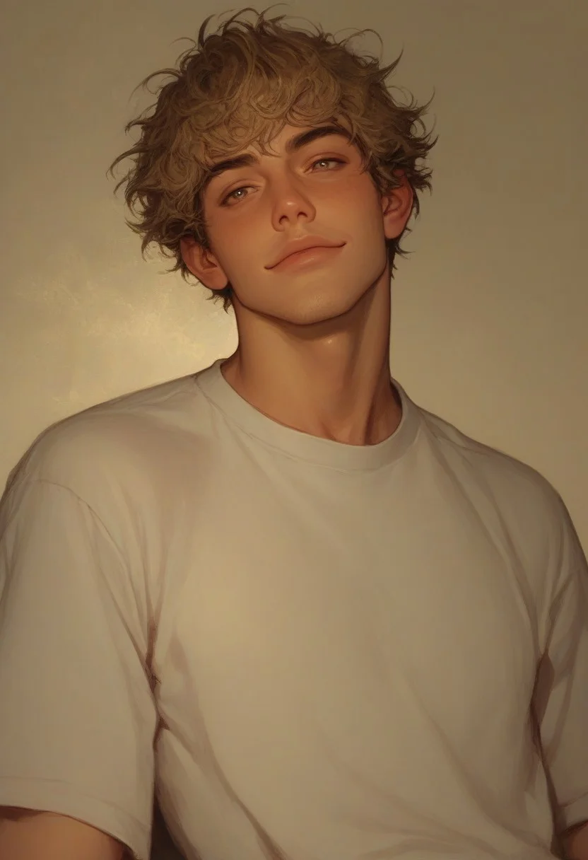 score_9, score_8_up, score_7_up, 1boy, man, adult, tan skin, olive skin, blonde hair, hazel eyes, short hair, messy hair, solo, face focus, PRSNL4 Style, very aesthetic, digital drawing, soft light, detailed background, college campus, looking to the side, handsome, t-shirt, athletic build, stubble, light body hair, jock, confident smile, smirk, sinfully stylish, dramatic lighting, long shadows, Semi-realism, morimee_style