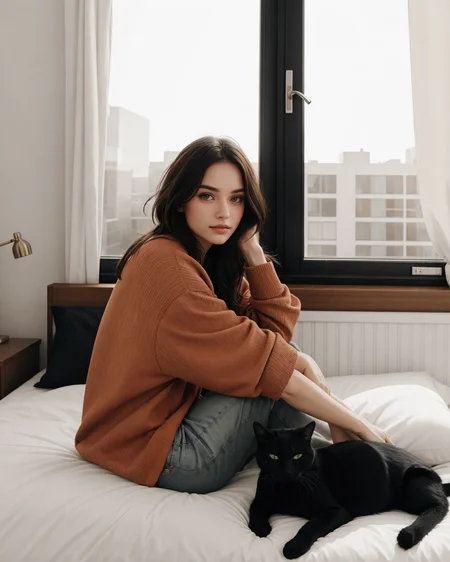 (style of Annie Leibovitz) proud texas woman sitting on her bed counting money dollar bills stacks cash looking at camera, bills stacked in front of her, black cat sleeping next to her, bills separated by denomination, modern apartment, messy, soft natural lighting, casual clothing, slight smile, contemporary bedroom decor, unmade bed, urban view from window, morning light, cozy yet cluttered atmosphere