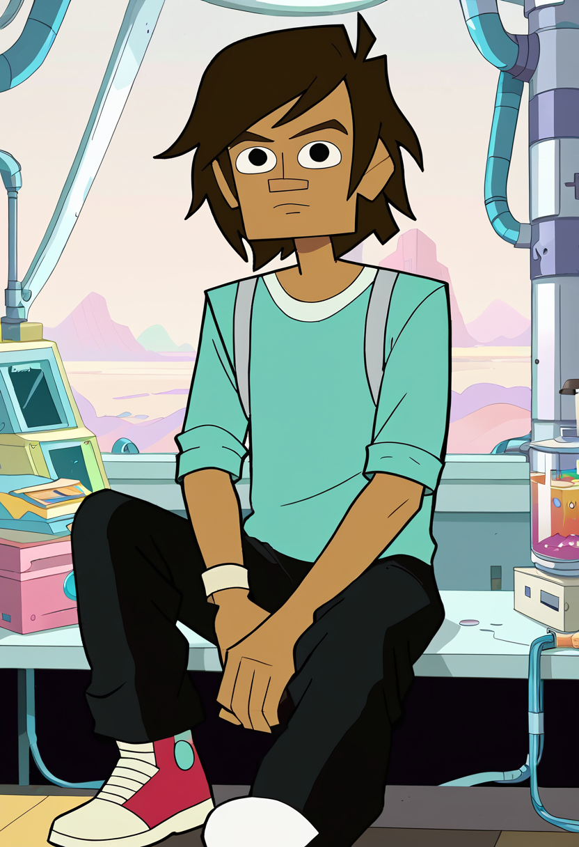 <lora:TwelveForever_Todd_Pony:0.9>, todd \(regular\), sitting, v, todd, twelve forever, 1boy, solo, short hair, black eyes, laboratory, masterpiece, best quality, score_9, score_8_up, score_7_up