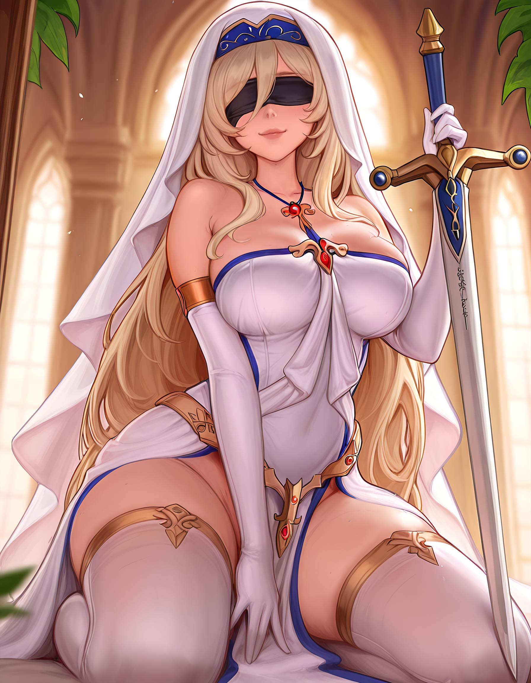 high quality, score_9, score_8_up, source_7_up, very aesthetic, high resolution, newest, depth of field, volumetric lighting, (masterpiece, best quality, ultra-detailed, High detailed), beautiful faces, uncensored, more detail XL, absurdres,masterpiece,best quality,amazing quality, masterpiece,best quality,amazing quality, 8k,
BREAK  <lora:kittew_style:1> kittew_style, 1girl, bare shoulders, black blindfold, blindfold, blonde hair, breasts, covered eyes, dress, elbow gloves, gloves, holding, holding sword, holding weapon, jewelry, kneeling, large breasts, leaf, long hair, revealing clothes, smile, solo, sword, thighhighs, weapon, white dress, white gloves, white thighhighs, sword maiden, goblin slayer!