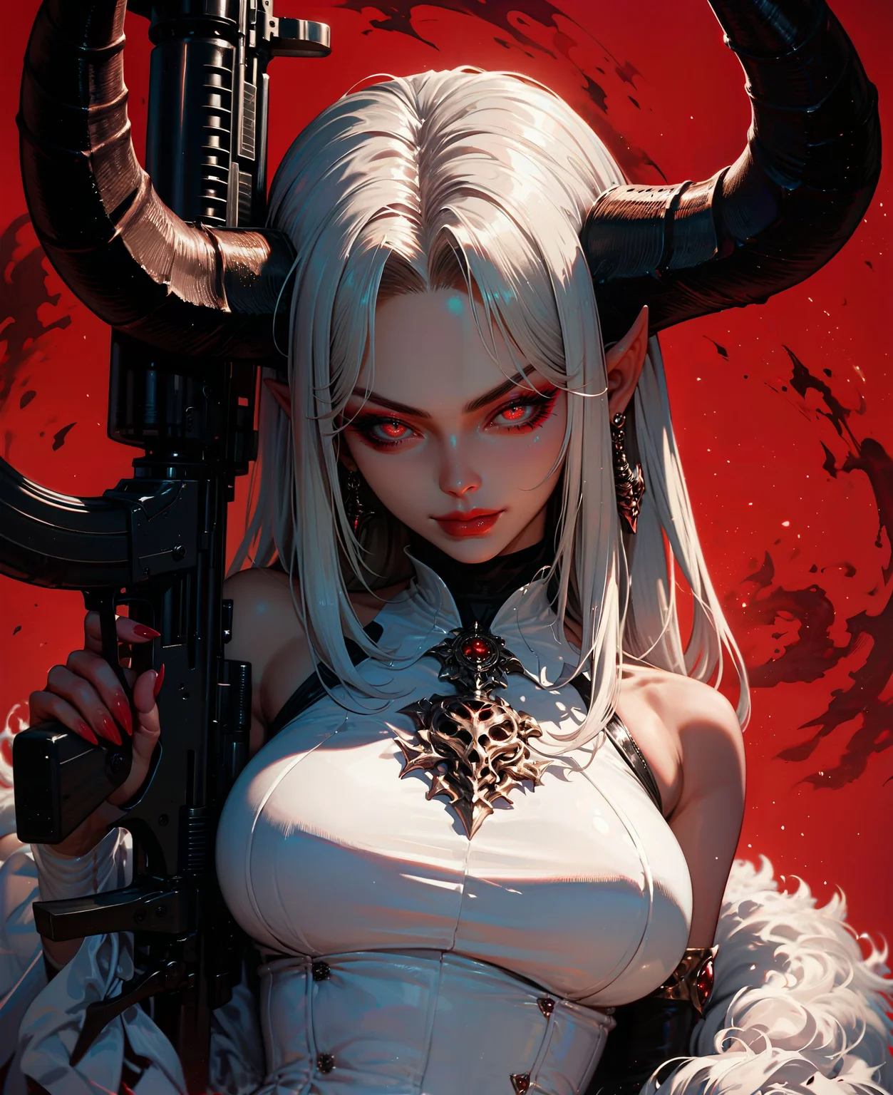 score_9, score_8_up, score_7_up, Horned mature demon girl in a white costume holding a machine gun. grim, detailed art style with a red background, full-body portrait.
<lora:sinfully_stylish_SDKL:1> <lora:add-detail-xl:1>