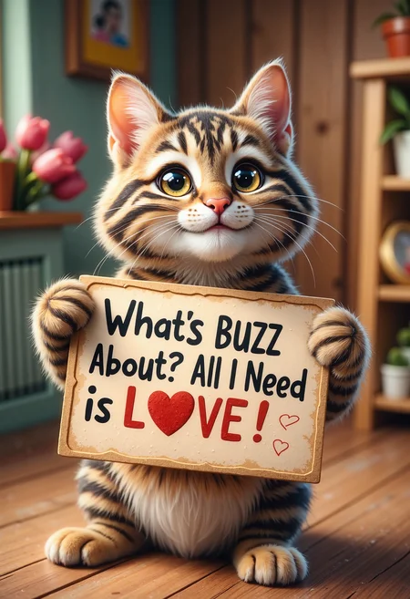 A very cute and needy looking tabby cat with dreamy eyes, playfully holding a sign that says Whats Buzz About?, All I Need Is Love! ⤠And yeah i dont know how to spell, im just a cat!,