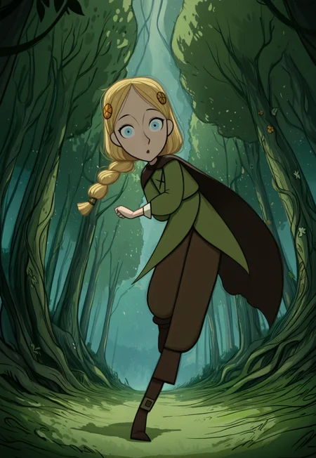 handsfree, masterpiece, best quality, amazing quality, very aesthetic, 1girl, solo, outdoors, forest, full body, looking at viewer, dynamic pose, dynamic angle,
robyn_hunter_braid, blue eyes, blonde hair, long hair, braid, hair ornament, cape,  green dress, brown pants, hair flower