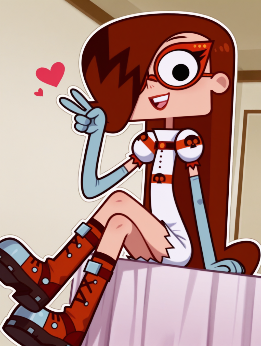 MandyStructionZYN, 1girl, solo, black eyes, brown hair, long hair, one eye covered, hair over one eye, glasses, red-framed eyewear, red lips, White dress, boots, long gloves, cowboy shot, looking at viewer, beautiful, ((beautiful face, beautiful eyes)), (smile, dutch angle,naughty pose, cute, sitting, crossed legs, open mouth, :d, grin, looking at viewer, heart, petite, v, indoors, elegant room, solo, dynamic pose, full_body, head tilt,),((white background, White frame, white outline)),from direct beiow,(((from below:1.5))),